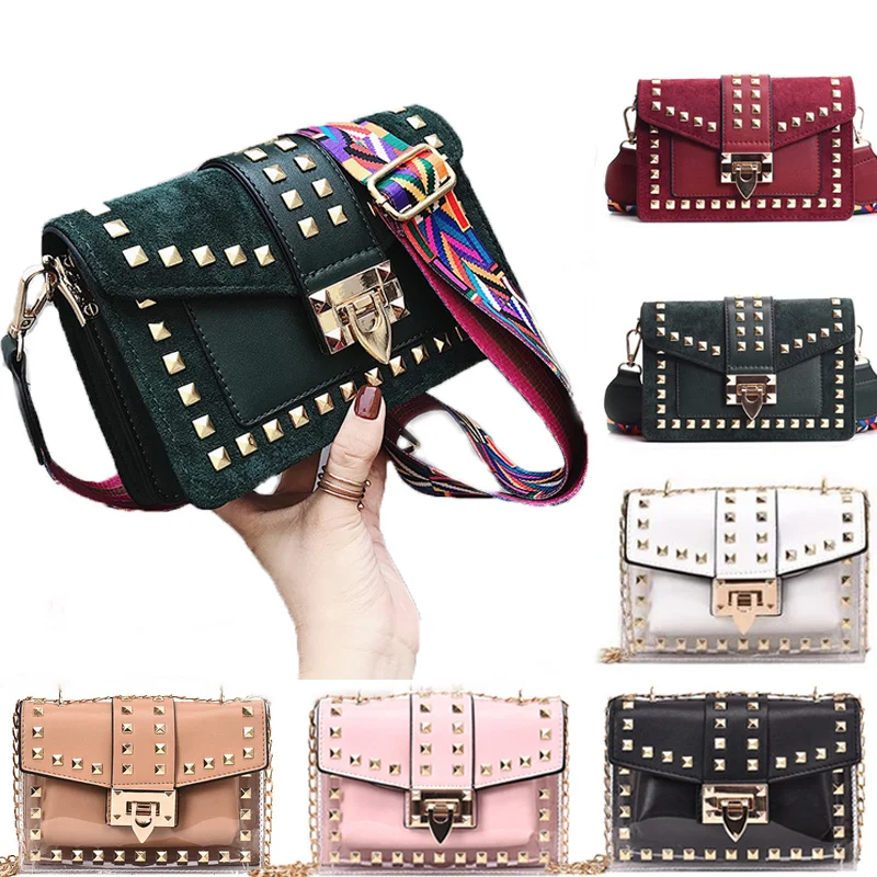 

Shoulder Bags Small Clear Brand Designer Woman 2020 New Fashion Messenger Bag Chains Velvet Rivets Transparent Square PU Handbag