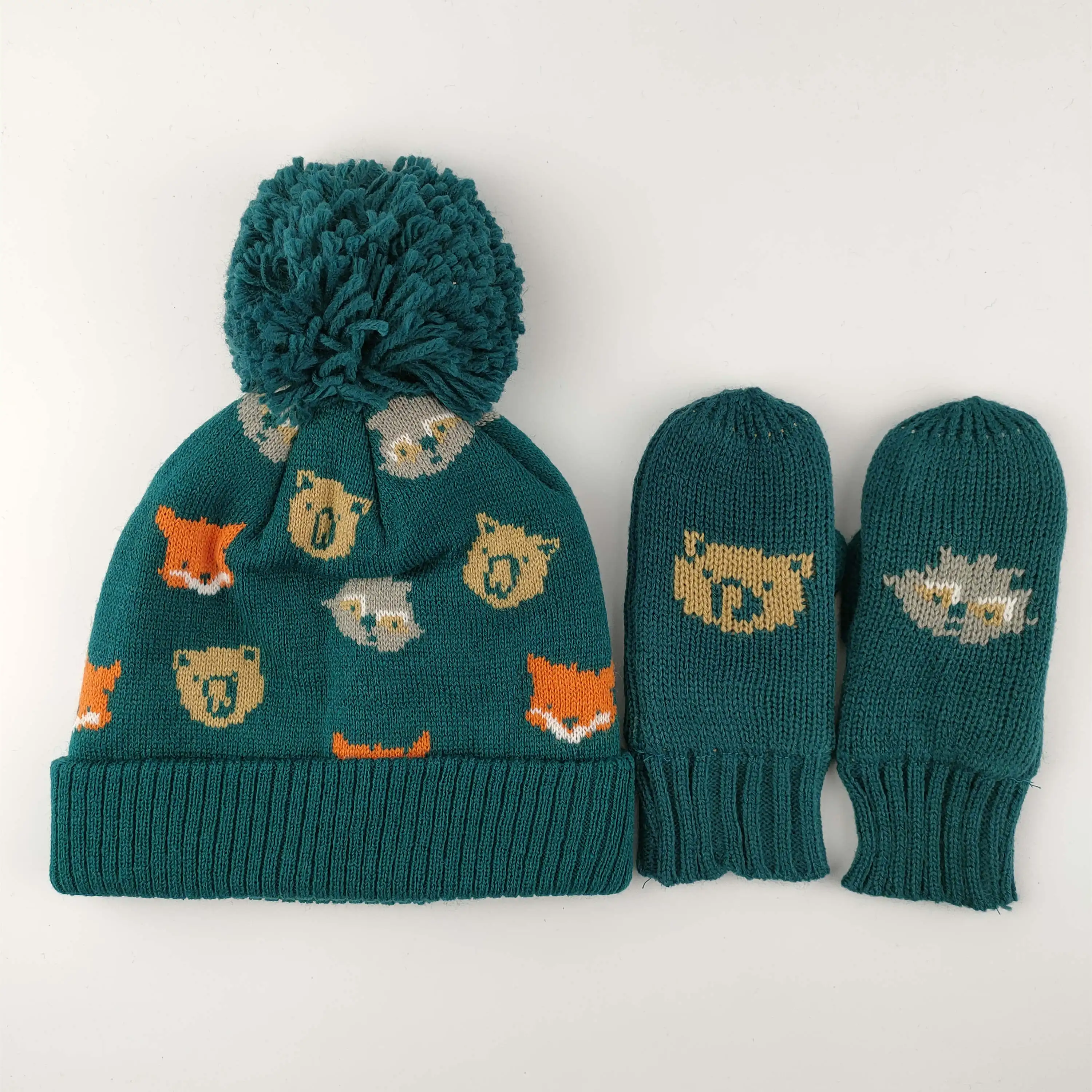 

2020 New Winter Animal Design Cartoon Bear And Fox Knitted Hat and Knitted Gloves 2 Pieces Sets for Baby Boys Girls Kids