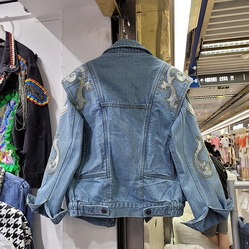 Women Long Sleeve Blue Denim Jacket 2021 Early Spring New Rhinestone Embroidery Lapel Single-breasted Short Coat