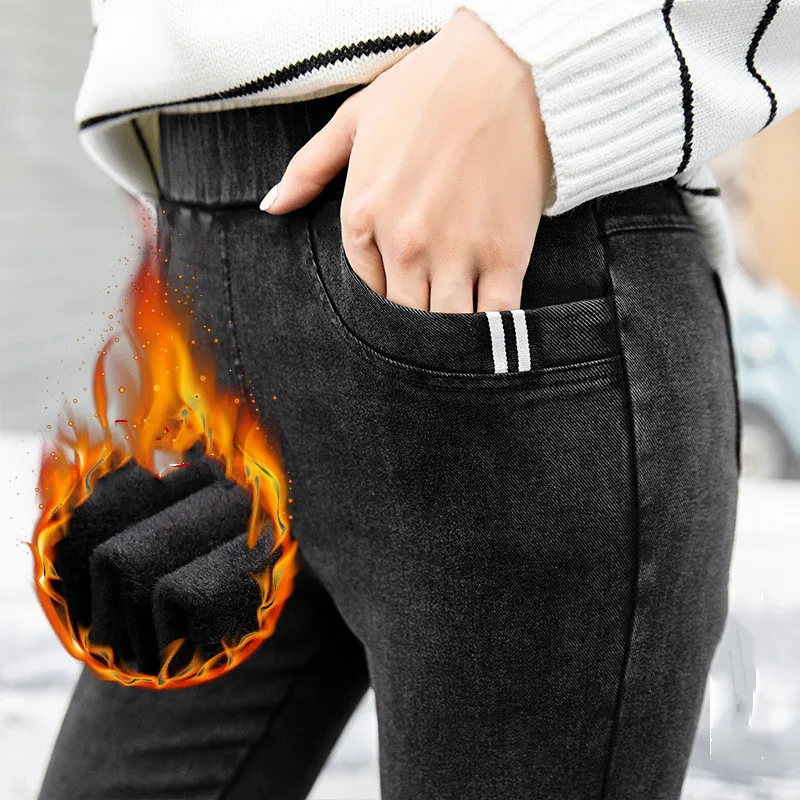 Женские зимние джинсы стрейч размера плюс, вельветовые, флис изнутри, утепленные, джинсовые штаны с высокой талией, теплые брюки, женские зимние джинсы - Цвет: Velvet  wash black