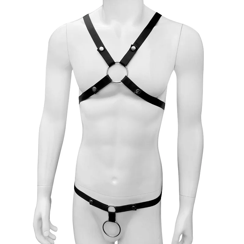 

Sexy Lingerie Costume Men Bondage Metal Ring With thong Body Chest Muscle Straps Harness Male Exotic Clubwear