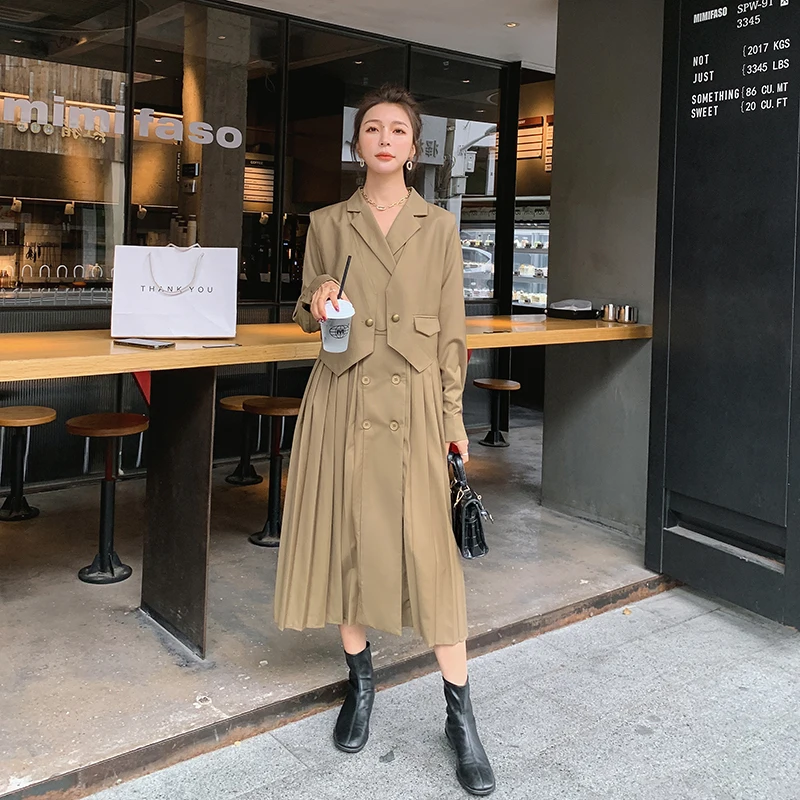 

Double Breasted Long Sleeve Pleated Dress and Vest 2 Piece Set Women Elegant Vintage Loose Khaki Dresses Spring Fall Ladies 1805
