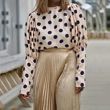 

Spring Round Neck Casual Female Blouse Puff Sleeve Polka-dot Print Stitching Women's Top African Office Ladies Workwear Shirts