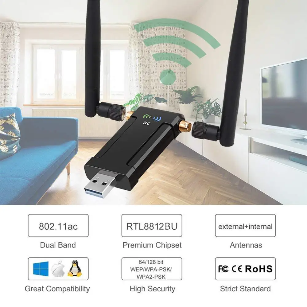 Беспроводной USB WiFi адаптер 1200 Мбит/с двухдиапазонный 2,4 ГГц/300 Мбит/с 5,8 ГГц/867 Мбит/с высоким коэффициентом усиления двойной 5 дБи антенны сети WiFi USB 3,0