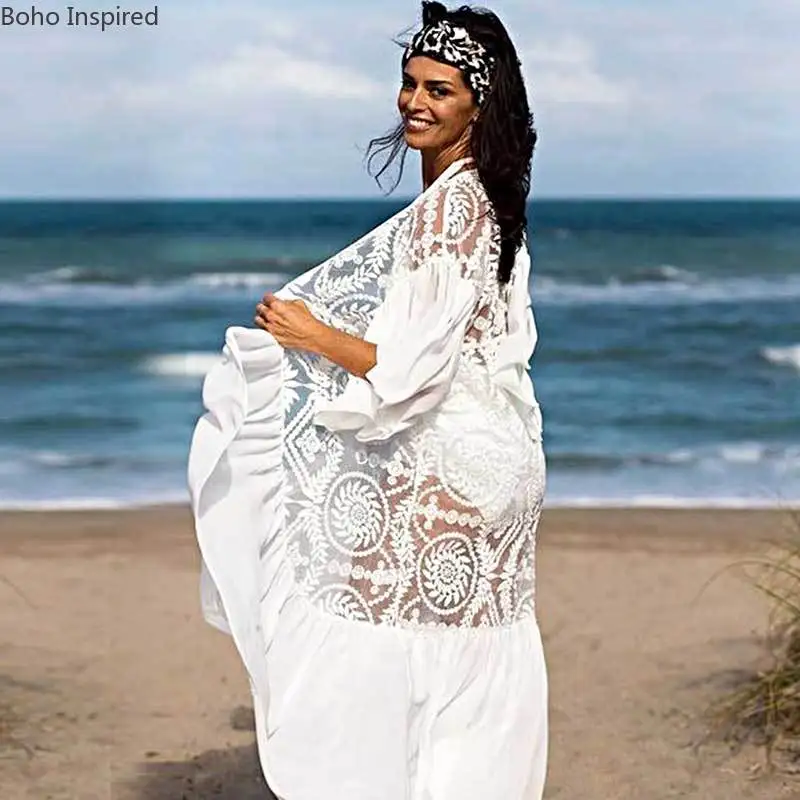 Богемный Вдохновленный кимоно пляжная одежда для женщин топы размера плюс белая