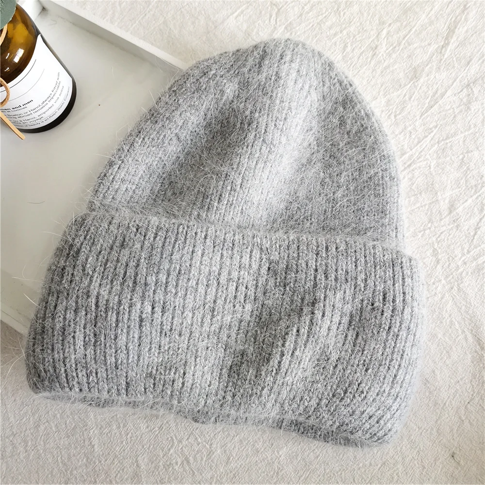 2021 Fashion Fabbit Fur Soft Warm Fluffy Winter Hat for women Angora Knitted Hat skullies beanies Female bonnet woman knit Cap skully with brim