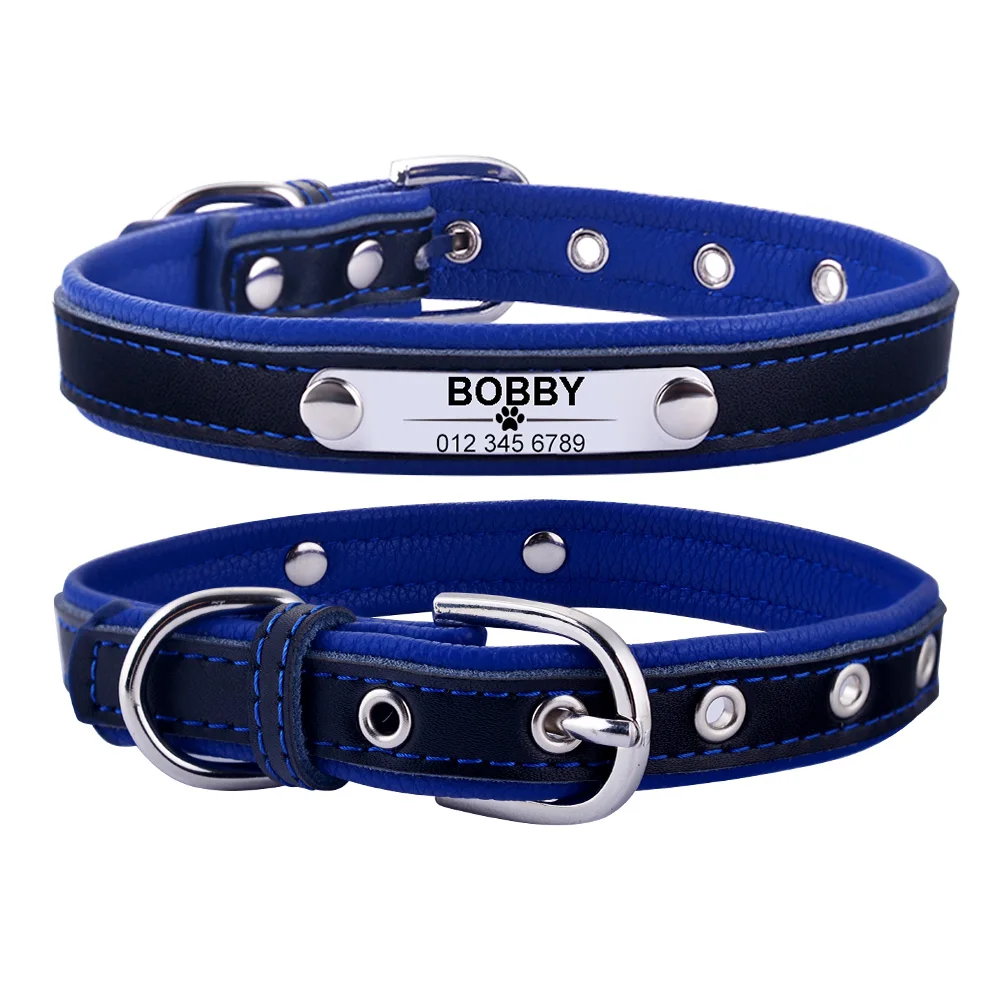 AiruiDog Leather Personalised Dog Collar and Tie Pet Cat Engraved Name ID Tag Puppy Soft L