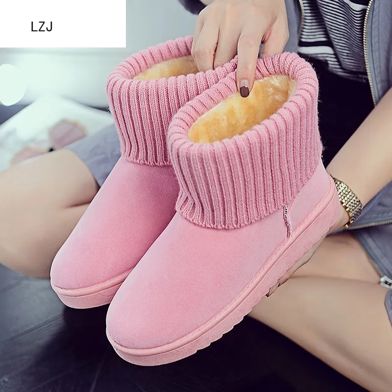 

LZJ New Warm Winter Snow Boots Pink Flat Bottom Round Toe Women Flat Snow Boot Non-slip Fur Women Winter Boots Zapatos De Mujer