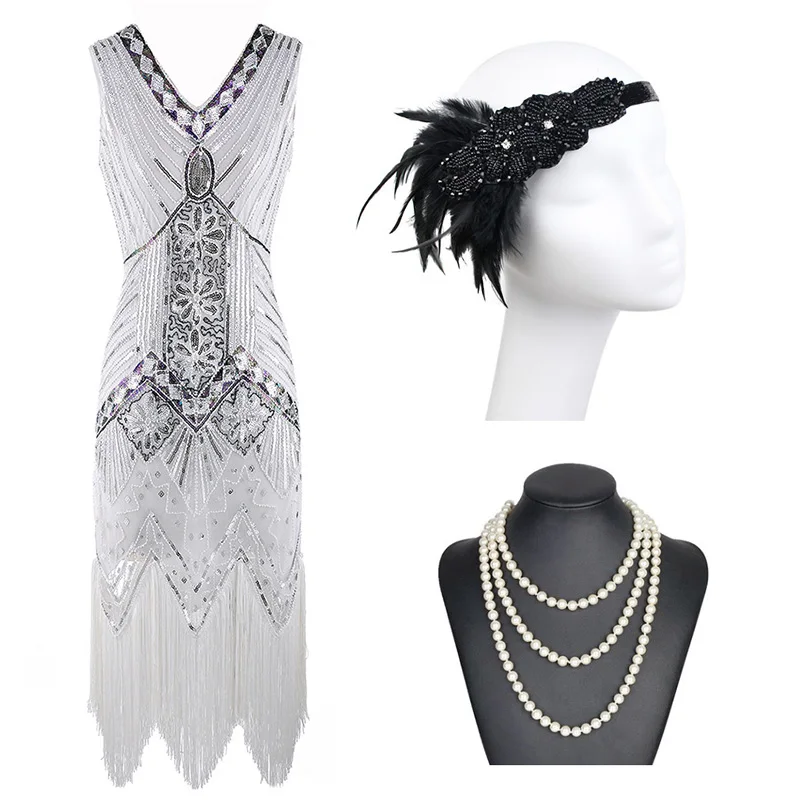 white-set С верхней частью в виде крыльев Размеры 1920s Хлопушки платье Великий Гэтсби Вечерние вечернее блестящее Расшитое Бисером И Бахромой Винтаж V образным вырезом Для женщин платья - Цвет: white-set