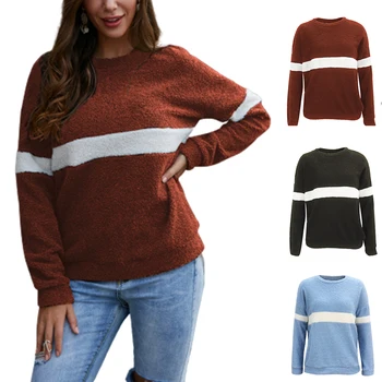 

Warm Hoodies For Women Crewneck Plush Sweatshirt Poleron Mujer 2019 White Striped Patchwork Clothes Fuzzy Hoodie Slim Furry Top