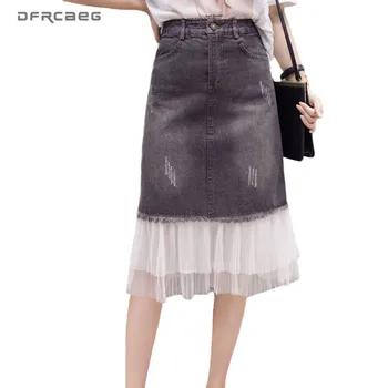 

Vintage Patchwork Mesh Jeans Pencil Skirt For Women 2020 Summer High Waist Streetwear Lady Long Denim Midi Skirts Femme Saia