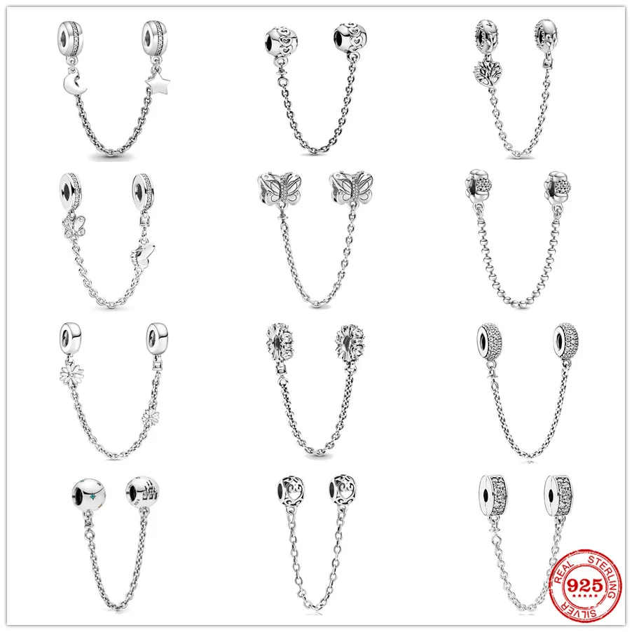 Sparkling Butterfly Castle Flower Family Tree Safety Chain Charm Bead Silver 925 Fit Original Pandora Bracelet Women DIY Jewelry | Украшения