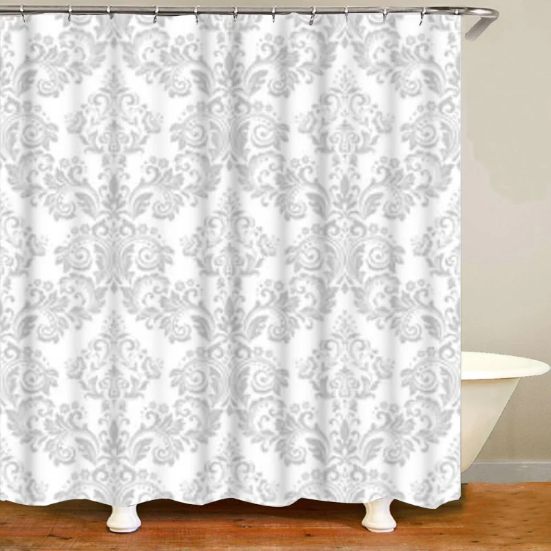 Tenda Da Doccia Damascata Barocca Grigio E Bianca | Antimuffa, 240x200 Cm | Con Occhielli Metallici | Per Bagni Umidi - 5