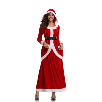 

Chrismas Dress Women Cosplay Santa Claus Carnival Party Dancing Robe Gowns Performance Costume Hooded Long Sleeve Red Dress