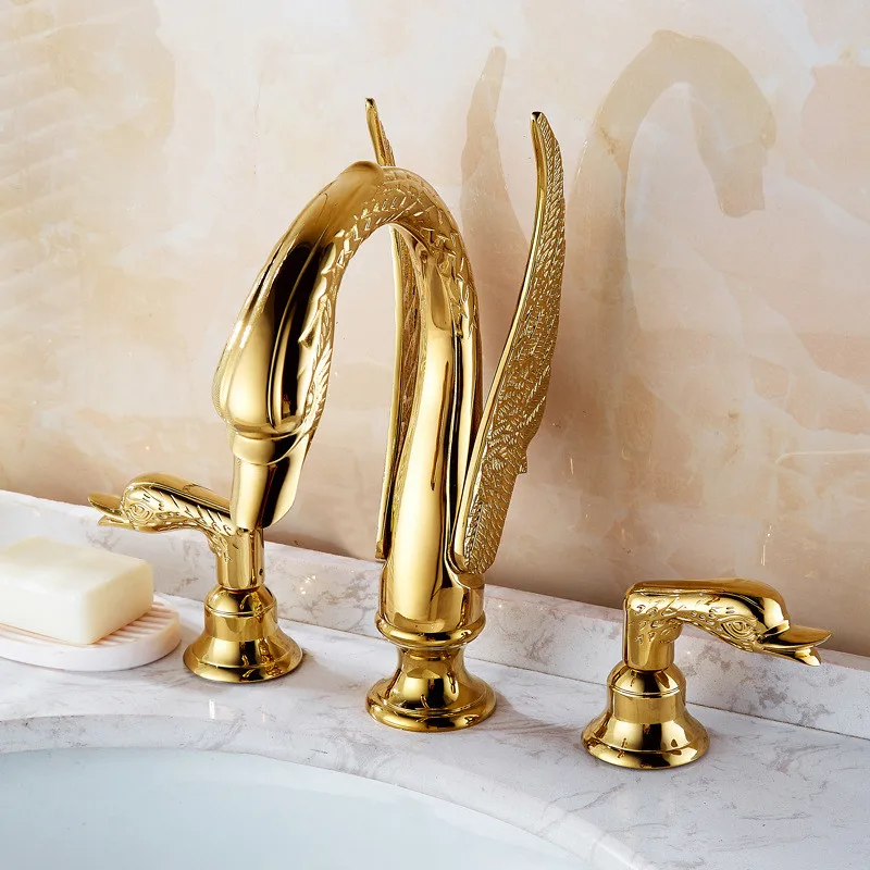 Tuqiu浴室の洗面台真鍮蛇口gold広まっ白鳥の蛇口黒タップ高級洗面器ミキサー、ホット & コールドシャワールームのシンク蛇口