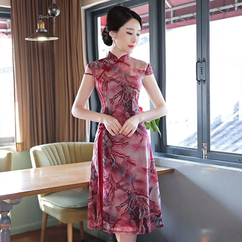 Новое поступление в китайском стиле Для женщин средней длины Cheongsam модные короткие вышивка Стиль Qipao шифоновое платье костюм S M L XL XXL XXXL