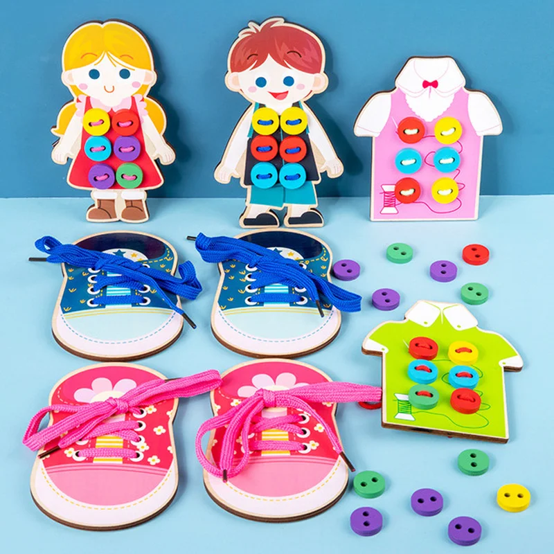 

Kids Wooden Shoes Clothes Puzzle Toys Child Montessori Educational Toys Snap Lace Tie Shoelaces Activity Board Fine Motor Skills