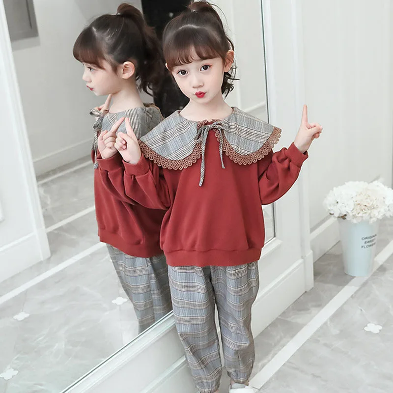 

Kids 2019 Autumn Clothes Sets Girls Sweet 2 Pcs Plaid Mid Waist Pants & Patchwork Long Sleeve Hoodies Sweatshirts Clothing Sets