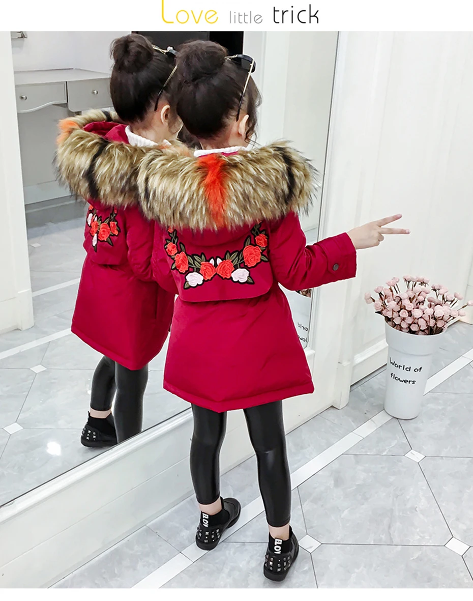 Пальто для девочек, пуховое пальто с цветочной вышивкой для девочек, верхняя одежда с длинными рукавами для детей, зимняя плотная теплая детская одежда для девочек