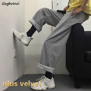 

Pants Women Plus Velvet Solid Pockets Korean Style Loose Long Wide Leg Casual Trousers Students Daily Streetwear Womens Chic New