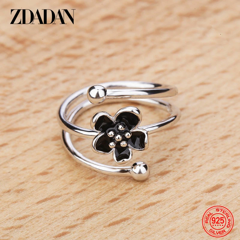 Silver Rings Silver Ring Wedding Rings Rose Flower Ring Metal Flower Ring ZDADAN 925 Sterling Silver Black Flower Adjustable Rings For Women Fashion Charm Gift Wedding Jewelry