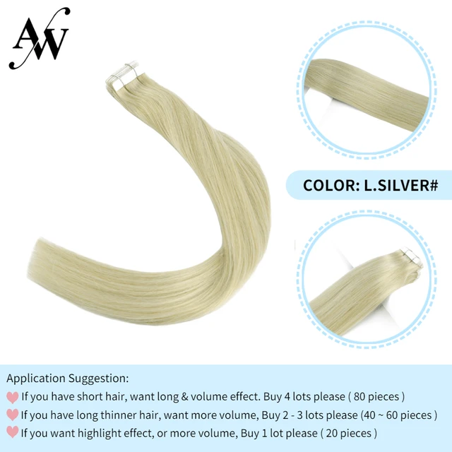 AW 12''-28'' Tape In Human Hair Extensions Straight Seamless Invisible Natural Machine Made Remy Adhesive Glue On Hair Extension Light Silver