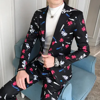 

2019 men's suits printed fashion, cultivate one's morality pants suit two youth personality trend
