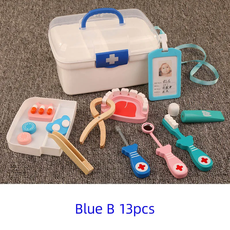 13 шт./компл. Детские ролевые игры медицинские игрушки для детей, медицинская кровать из дерева Комплект Моделирование аптечке комплект для детей интереса к развитию - Цвет: Blue b