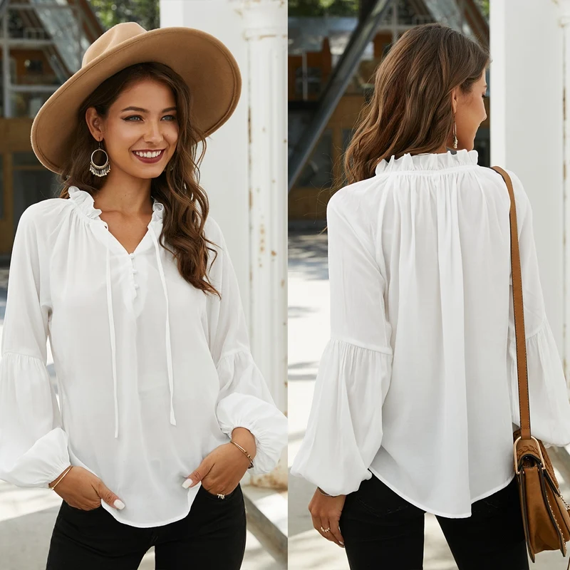

Womens Boho Blouses Tops Sexy V-Neck Drawstring Shirts Front Button Beach Blouses White