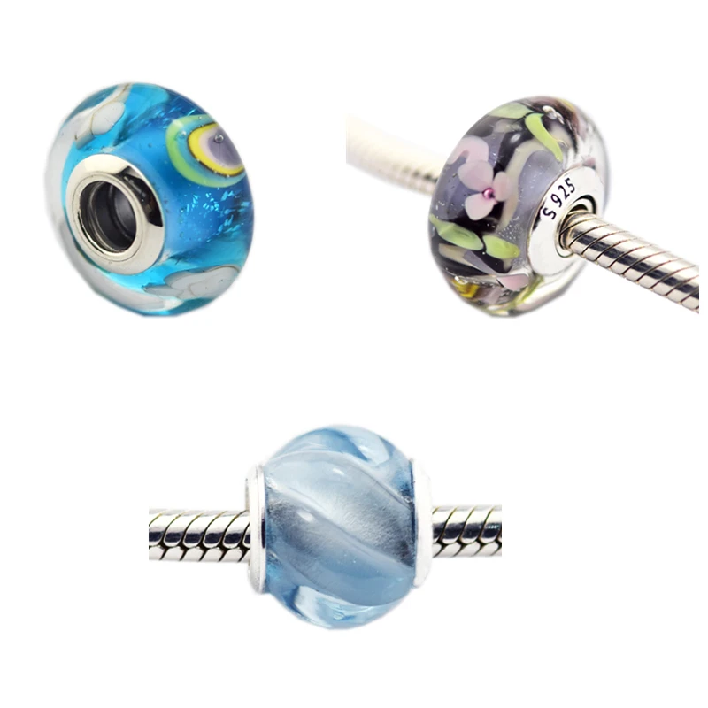 

Original Silver Beads Iridescent Rainbow Charm Garden Murano Glass Fits European Woman DIY Bracelets Beads For Jewelry Making