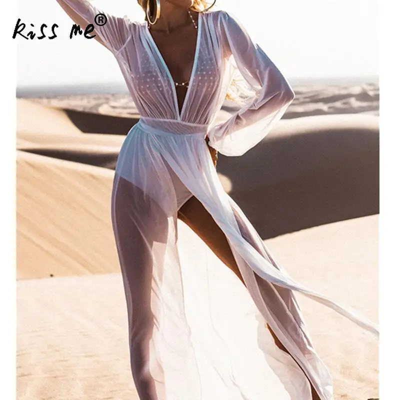 

Solid Swimsuit Cover Up Deep V Beach Wear See Through Beach Dress Sarong Wrap Side Slit Waist Drawstring Tunic Sexy Cover Up