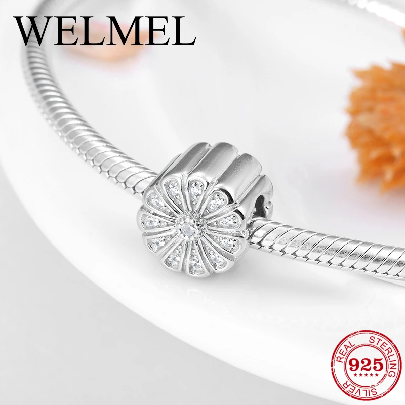 

2018 Fashion 925 Sterling Silver Round shape Clear zircon flower beads Fit Original Pandora Charm Bracelet Jewelry making