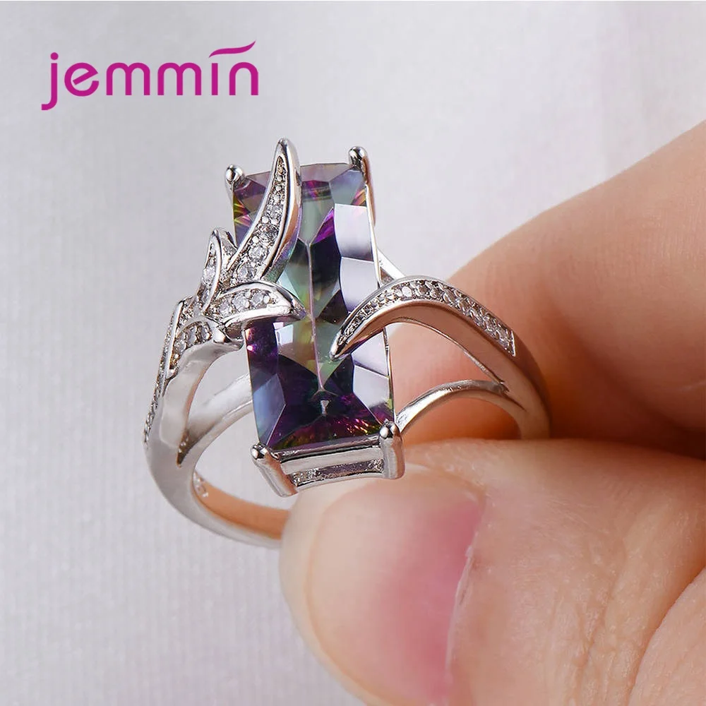 Роскошный AAA Фиолетовый кубический циркон кольца из стерлингового серебра 925 большой горный хрусталь корейский геометрический обручение подарок ювелирной дружбы
