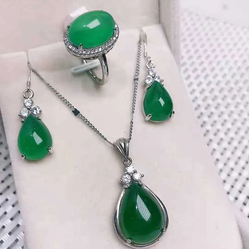 Натуральный ледяной нефрит инкрустированный 925 серебряные ювелирные изделия костюм из трех предметов