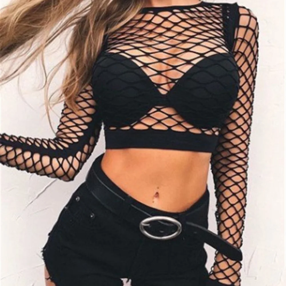 

Club Casual Fashion Party See Through Short Sleeve Out Women Tops Sexy Mesh Cropped Crew Neck Slim Summer
