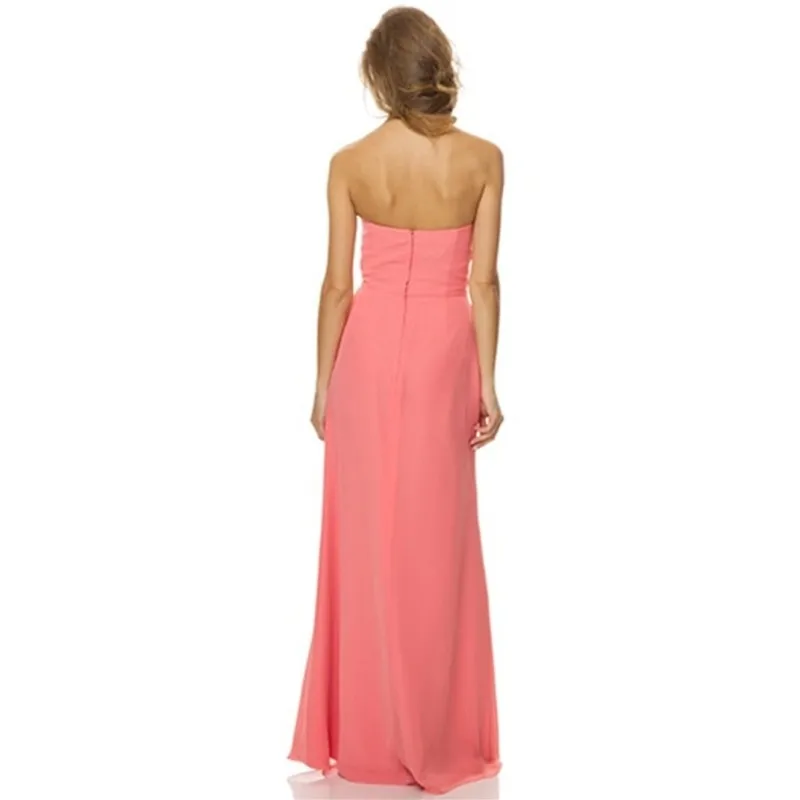 Cheap 2015 Pink Long Bridesmaid Dresses Chiffon Floor Length Backless Wedding Party Dress Sweetheart Prom Dresses With Pick Ups