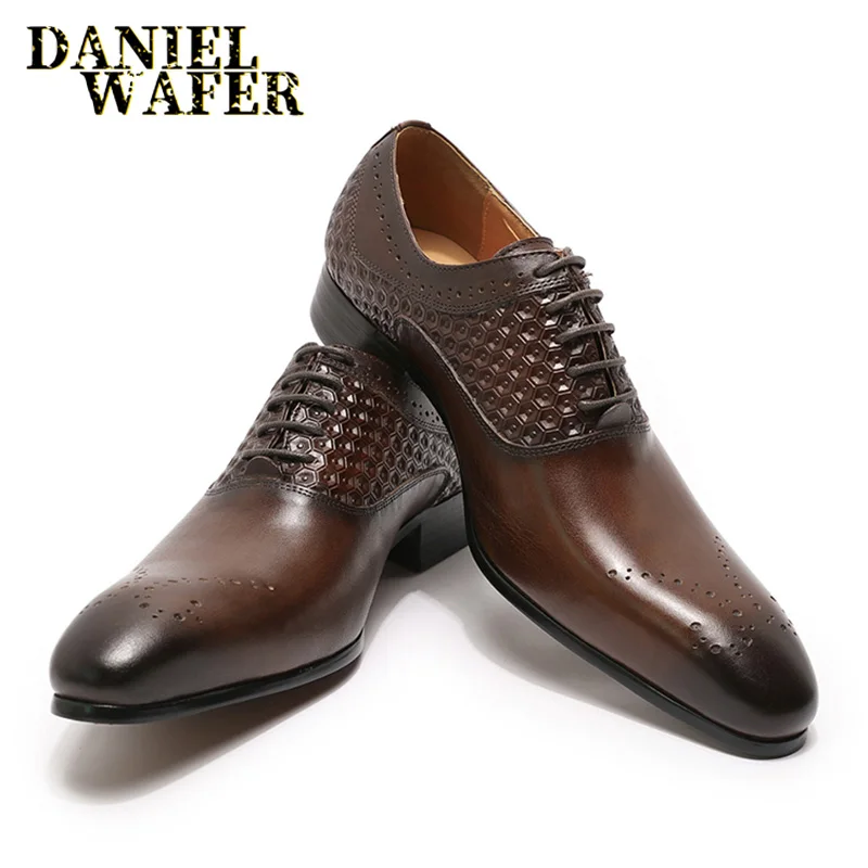 

ELEGANT MEN OXFORD SHOES GENUINE LEATHER HAND-POLISHING BROWN BLACK PRINTS LACE UP OFFICE WEDDING DRESS FORMAL MEN SHOES OXFORDS