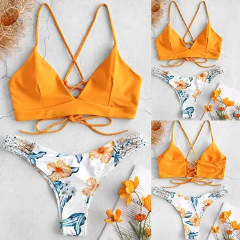 

Top Selling Women's Biquini Fashion Floral Printing Bathing Suit Push Up Padded Split Underwear Set High Quality Female Intimate