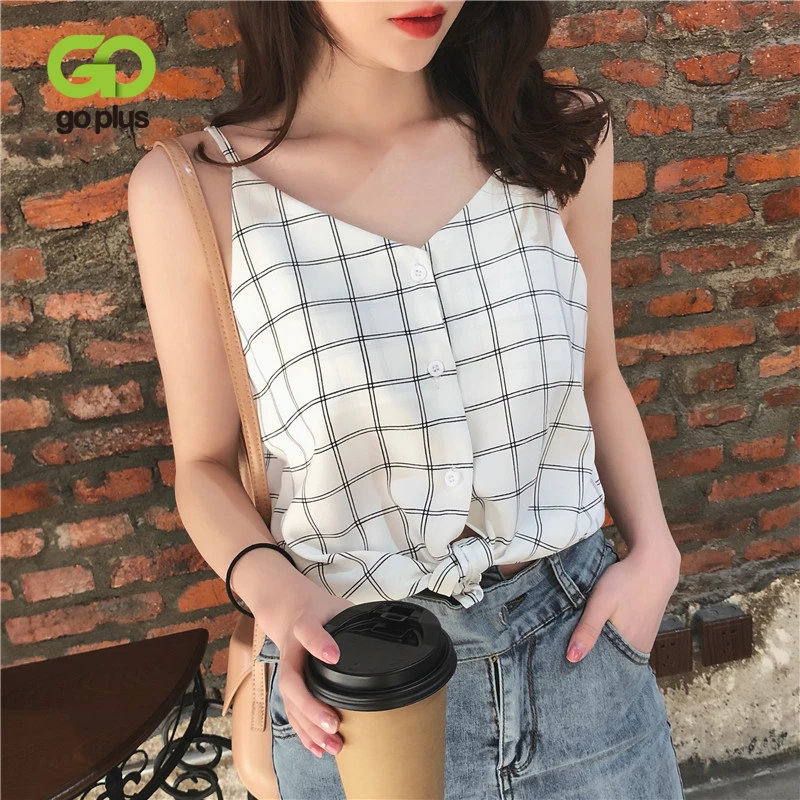 

GOPLUS 2020 Strap Plaid Print Tank Top Women Sexy V Neck Elegant Buttons Vest Women Casual Korea Streetwear Camisole Female