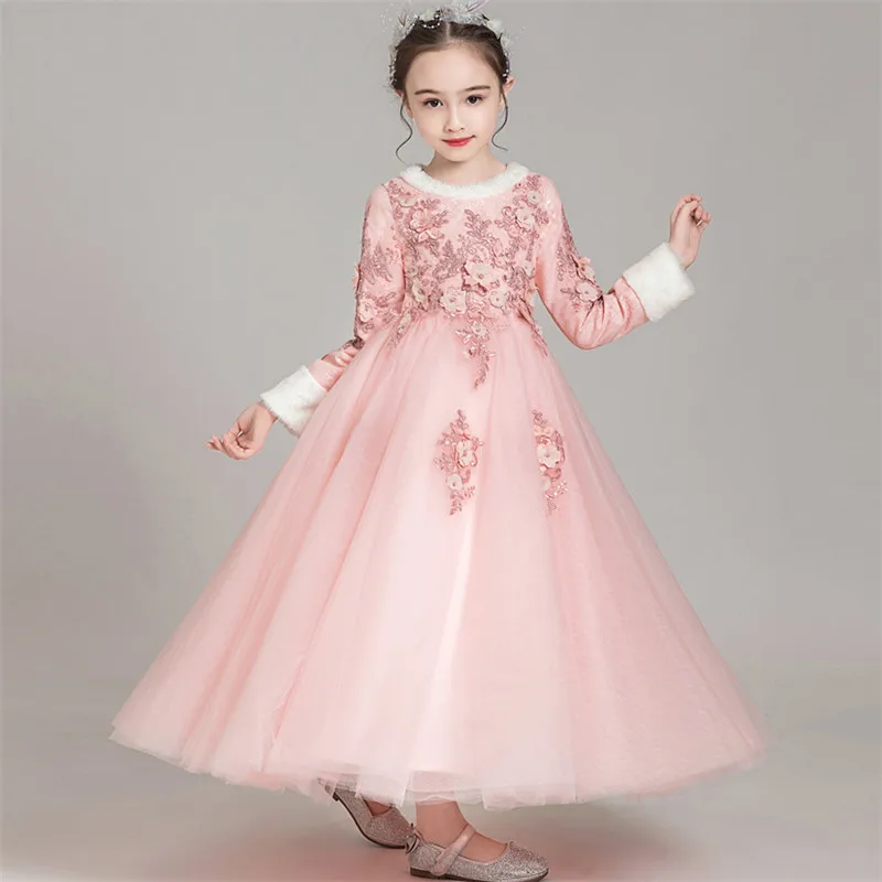 Утолщенное теплое элегантное детское платье принцессы розового/красного цвета для дня рождения, свадьбы, вечеринки детское Новогоднее праздничное платье для подростков