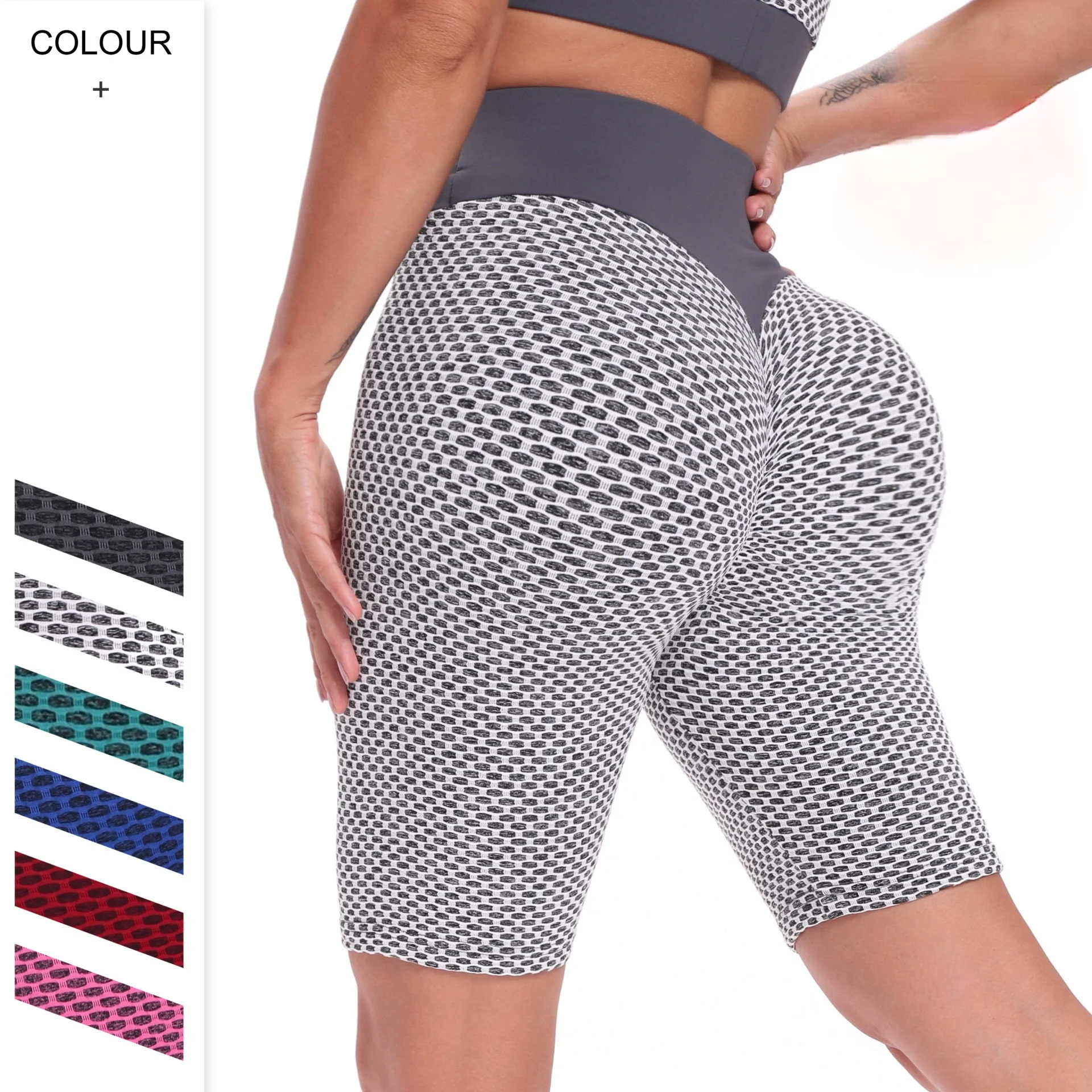 

Seamless Yoga Shorts Sports Fitness High Waist Peach Hip-Lifting Honeycomb Jacquard Bubble Shorts Workout Gym Leggings for Women