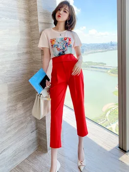

Fresh Cartoon Printing Short-Sleeved T-shirt + High Waist Slimming Tapered Pants Suit Women's 2020 Early Autumn New Style