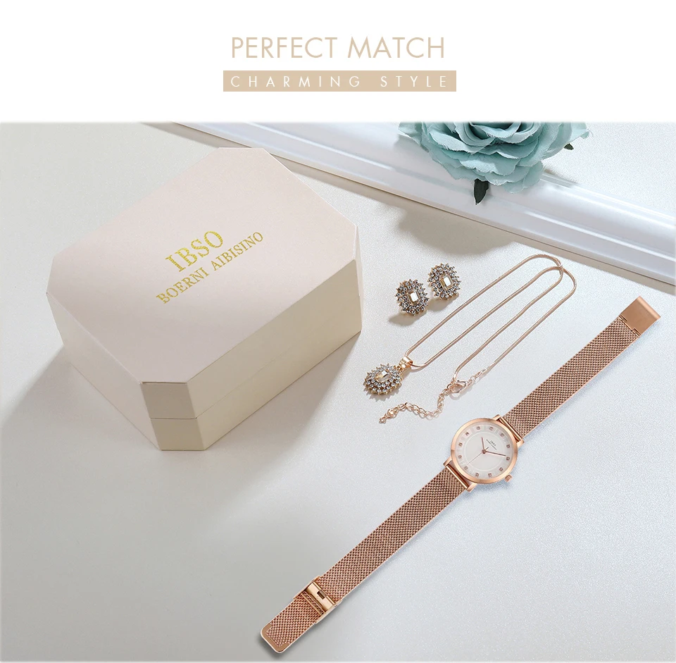 IBSO, брендовые кварцевые наручные часы, ожерелье, серьги, набор, женские часы, женские ювелирные изделия, металлический ремешок, часы для дам, подарок