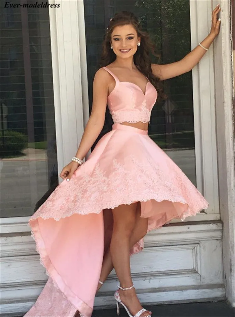 

Hi-Lo Pink Prom Dresses Two Pieces Lace Appliques Sweetheart 2019 Formal Party Gowns Evening Dress vestido de festa longo Cheap
