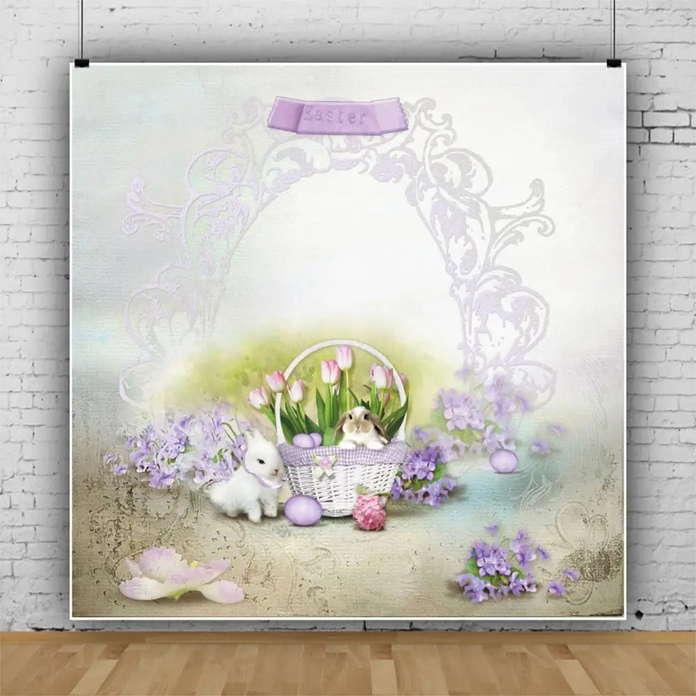 

Laeacco Watercolor Spring Easter Basket Rabbit Flowers Wreath Customized Poster Photography Background Photo Backdrop Photocall