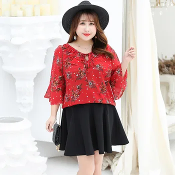 

Women's summer chiffon printed ruffled collar ruffle sleeve casual shirt 100KG can be worn