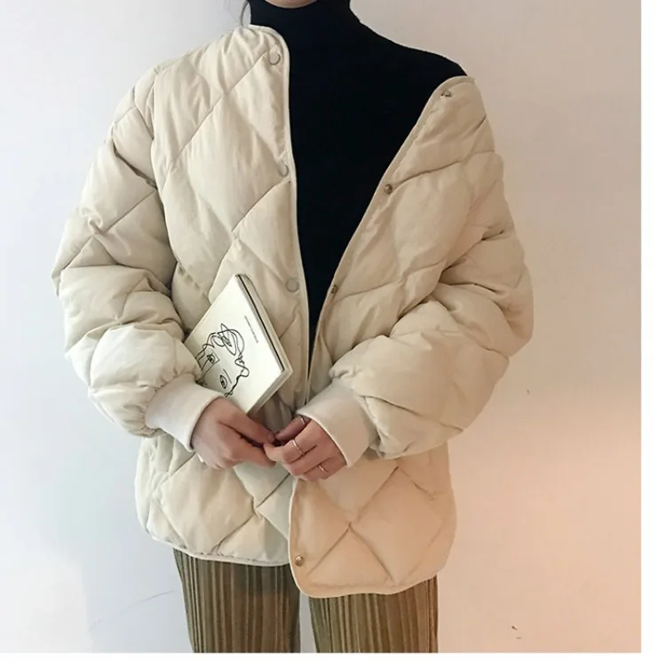 

2019 Autumn Photo Shoot Rhombus Plaid Thick Solid Color Stand Collar Cotton Overcoat Women's