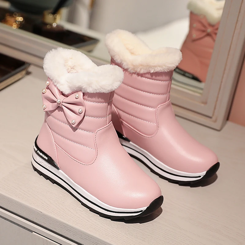

New Non-slip warm Women snow Boots Winter Ladies Fashion Wedge butterfly-knot pearl decoration mid-calf Adults/children boots