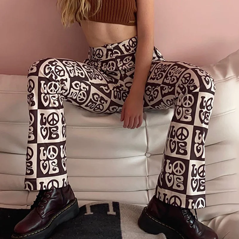 WannaThis-pantalones acampanados con estampado lateral para mujer, ropa informal ajustada, de cintura alta, a la moda, otoño