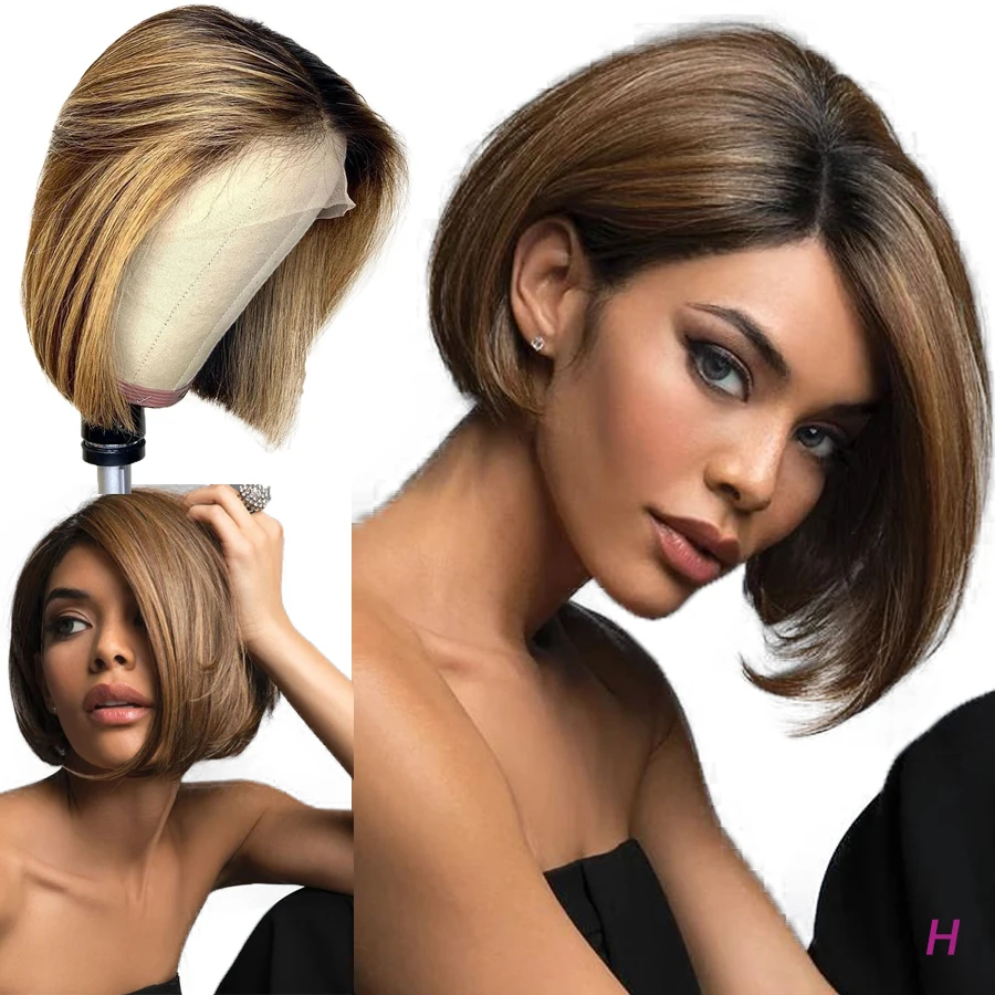 

Ombre Short Bob Highlight Color 13X6 Lace Front Human Hair Wigs Pixe Remy Brazilian Straight Wig Pre Plucked 150% For Women